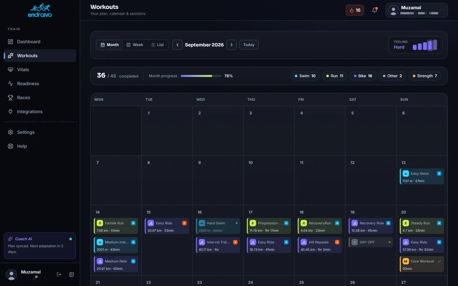 Training calendar with weekly volume and sessions.