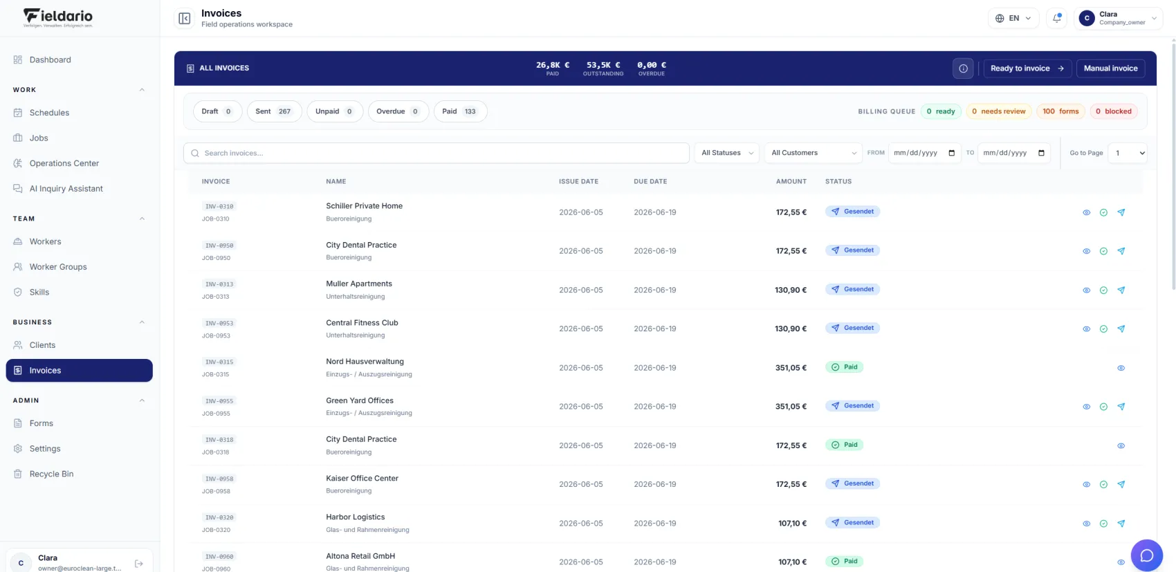 Invoices: status, due dates and a customer view.